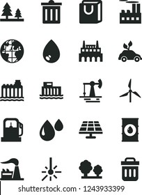 Solid Black Vector Icon Set - bin vector, drop, bag with handles, solar panel, working oil derrick, gas station, windmill, factory, hydroelectric, hydroelectricity, trees, forest, planet, trash