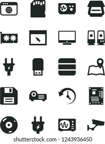 Solid Black Vector Icon Set - floppy disk vector, screen, plug, electric, motherboard, gpu card, cd, scanner, usb flash, pc speaker, browser, projector, sd, big data, history, oscilloscope, map