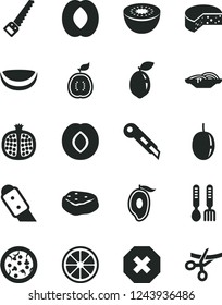 Solid Black Vector Icon Set - mark of injury vector, iron fork spoons, arm saw, knife, stationery, cheese, pizza, slices onion, piece meat, half pomegranate, plum, mango, peach, passion fruit, kiwi