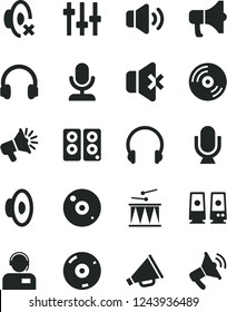 Solid Black Vector Icon Set - horn vector, loudspeaker, silent mode, drumroll, headphones, microphone, CD, volume, no sound, operator, megaphone, pc speaker, settings
