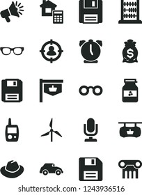 Solid Black Vector Icon Set - desktop microphone vector, floppy disk, hat, toy mobile phone, abacus, estimate, alarm clock, jar of jam, windmill, retro car, vintage sign, man in sight, loudspeaker