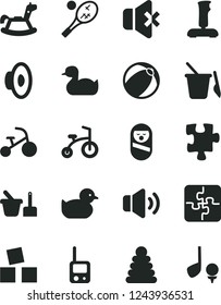 Solid Black Vector Icon Set - loudspeaker vector, rubber duck, baby duckling, bath ball, stacking rings, roly poly doll, toy phone, sand set, children's, rocking horse, cubes for children, tricycle