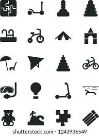 Solid Black Vector Icon Set - stacking rings vector, toy, small teddy bear, box of bricks, child bicycle, Kick scooter, Puzzle, Puzzles, pawn, air balloon, hang glider, bike, tent, beach, pool