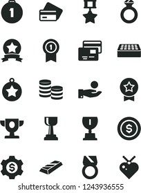 Solid Black Vector Icon Set - brick vector, cards, coins, catch a coin, prize, award, gold cup, star medal, first place, with pennant, hero, ribbon, diamond ring, bar, dollar, gear, credit card