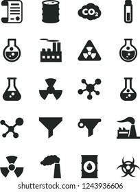 Solid Black Vector Icon Set - round flask vector, manufacture, factory, oil, barrel, industrial building, radiation, carbon dyoxide, filter, water, research article, test tube, molecule, nuclear