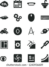 Solid Black Vector Icon Set - calendar vector, electronic thermometer e, Puzzles, window, washbasin, mini hot dog, slices of onion, plum, half tomato, coal mining, oil, autopilot, carbon dyoxide