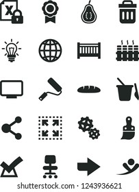 Solid Black Vector Icon Set - right direction vector, baby cot, children's sand set, new roller, plastic brush, radiator, earth, size, loaf, part of guava, gears, connection, light bulb, encrypting