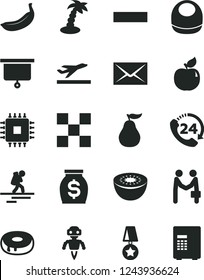 Solid Black Vector Icon Set - envelope vector, minus, baby bib, tile, 24, cake with a hole, apricot, banana, kiwi, ripe guava, money, cpu, robot, presentation board, star medal, agreement, departure