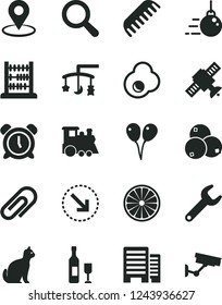 Solid Black Vector Icon Set - clip vector, alarm clock, magnifier, toys over the cradle, comb, children's train, colored air balloons, abacus, big core, buildings, right bottom arrow, fried egg