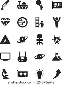 Solid Black Vector Icon Set - pc card vector, gpu, monitor, router, network, chair, microscope, electricity, bulb, biohazard, pipette, saturn, lunar rover, man hold world, hands up, mountain flag