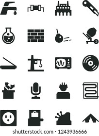 Solid Black Vector Icon Set - desktop microphone vector, brickwork, concrete mixer, stationery knife, heating coil, faucet, core, CD, round flask, socket, industrial factory, builder, tower crane