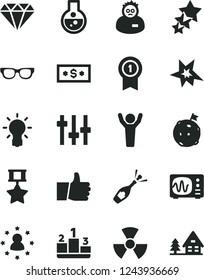 Solid Black Vector Icon Set - thumb up vector, pedestal, flask, glasses, nuclear, bulb, settings, oscilloscope, scientist, bang, man hands, flag on moon, medal with pennant, hero, diamond, dollar