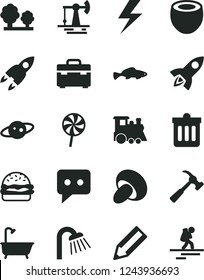 Solid Black Vector Icon Set - lightning vector, children's train, suitcase, bath, shower, hammer with claw, dust bin, burger, porcini, lollipop, small fish, half of coconut, working oil derrick