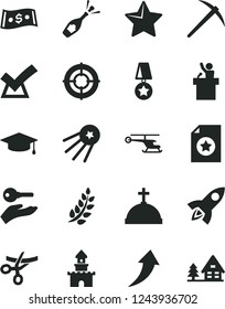Solid Black Vector Icon Set - star vector, dollar, laurel branch, graduate, medal, certificate, mine axe, aim, arrow up, arm with key, confirm, speaker, rocket, first satellite, crown cross