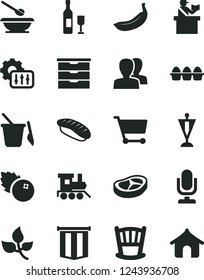 Solid Black Vector Icon Set - desktop microphone vector, women, cradle, storage unit, children's sand set, plates and spoons, baby toy train, bundle of eggs, bacon, japanese sushi, blueberries, cart
