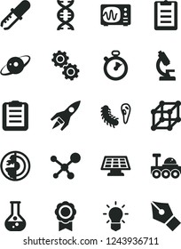 Solid Black Vector Icon Set - flask vector, microscope, molecule, dna, bulb, gears, bactery, pipette, oscilloscope, clipboard, earth core, medal, sun panel, saturn, rocket, lunar rover, stopwatch