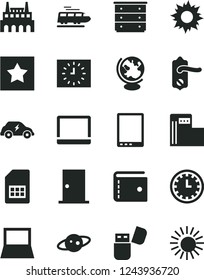 Solid Black Vector Icon Set - clock face vector, purse, chest of drawers, door knob, ntrance, modern gas station, industrial factory, electric transport, SIM card, black, tablet pc, notebook, globe