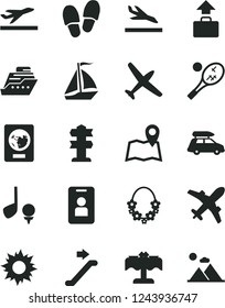 Solid Black Vector Icon Set - plane vector, car baggage, sail boat, escalator, passport, departure, arrival, sun, hawaii wreath, restaurant, tennis, map, access card, signpost, golf, cruiser