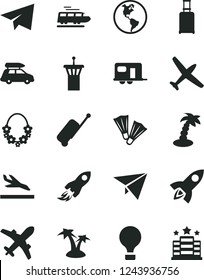 Solid Black Vector Icon Set - paper airplane vector, planet Earth, space rocket, plane, train, car baggage, camper, air balloon, airport tower, rolling suitcase, case, arrival, palm tree, flippers