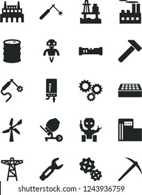 Solid Black Vector Icon Set - concrete mixer vector, construction level, brick, electronic boiler, hammer, sea port, modern gas station, wind energy, barrel, power pole, industrial building, factory