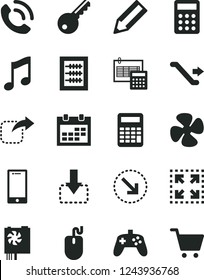 Solid Black Vector Icon Set - calendar vector, new abacus, calculation, music, smartphone, phone call, size, move down, right, bottom arrow, fan screw, pencil, calculator, mouse, pc power supply