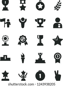 Solid Black Vector Icon Set - star vector, flame torch, winner, laurel branch, pedestal, podium, prize, award, cup, gold, reward, man with medal, hold flag, first place, pennant, hero, victory hand