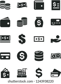 Solid Black Vector Icon Set - purse vector, dollar, coins, reverse side of a bank card, front the, column, denomination, article on, catch coin, wallet, money, cash, machine, credit