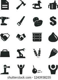 Solid Black Vector Icon Set - scribbled paper vector, dollar, chest of drawers, measuring cup for feeding, small rocking horse, drill, arm saw, hammer with claw, core, fried vegetables on sticks