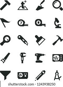 Solid Black Vector Icon Set - graphite pencil vector, wind direction indicator, trowel, drill, hand saw, measuring tape, long meashuring, putty knife, stationery, temperature, hammer, with claw