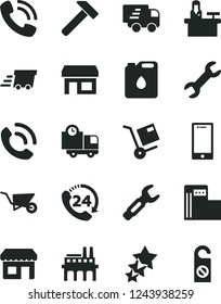Solid Black Vector Icon Set - building trolley vector, hammer, smartphone, delivery, 24, phone call, shipment, modern gas station, industrial enterprise, canister of oil, steel repair key, kiosk