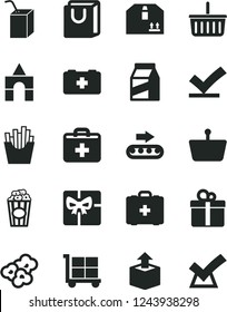 Solid Black Vector Icon Set - cargo trolley vector, grocery basket, first aid kit, bag of a paramedic, medical, packing juice with straw, box bricks, handles, cardboard, gift, package, unpacking