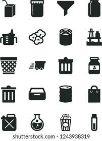 Solid Black Vector Icon Set - wicker pot vector, bin, measuring cup for feeding, packing of juice with a straw, dust, drawer, tin, popcorn, jam, jar, sea port, round flask, barrel, canister, filter