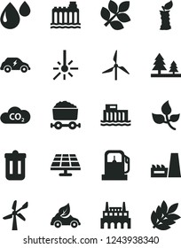 Solid Black Vector Icon Set - apple stub vector, solar panel, leaves, gas station, windmill, wind energy, hydroelectric, hydroelectricity, forest, thermal power plant, industrial factory, drop, CO2