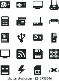 Solid Black Vector Icon Set - lightning vector, floppy disk, monitor, rss feed, screen, cards, processor, SIM card, calculator, pc power supply, tower, motherboard, usb, router, oscilloscope