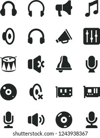 Solid Black Vector Icon Set - bell vector, desktop microphone, horn, loudspeaker, silent mode, drum, headphones, music, regulator, volume, no sound, megaphone, pc card, cd