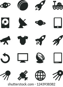 Solid Black Vector Icon Set - monitor vector, counterclockwise, t short, bath ball, earth, artificial satellite, planet, rocket, tablet pc, hdd, telescope, antenna, saturn, lunar rover, first