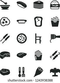 Solid Black Vector Icon Set - plates and spoons vector, a chair for feeding, iron fork, cheese, pizza, mini hot dog, burger, noodles, grill chicken leg, chop, barbecue, meat on skewers, piece of