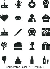 Solid Black Vector Icon Set - tassel vector, balloon, cake, heart, gift, square academic hat, muffin, piece of, birthday, lollipop, Glass bottle, giftbox, gold cup, star, man with medal, pennant