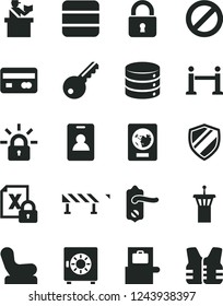 Solid Black Vector Icon Set - prohibition vector, Baby chair, door knob, road fence, lock, big data, strongbox, reverse side of a bank card, encrypting, airport tower, rope barrier, identity, key