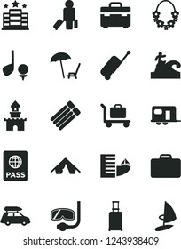 Solid Black Vector Icon Set - suitcase vector, passport, sand castle, car baggage, camper, passenger, rolling, case, hotel, tent, arnchair under umbrella, hawaii wreath, diving mask, surfing, golf