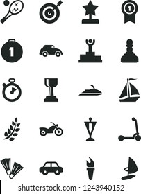 Solid Black Vector Icon Set - motor vehicle vector, child Kick scooter, retro car, stopwatch, flame torch, laurel branch, winner podium, gold cup, pawn, star reward, pennant, target, with, sail boat
