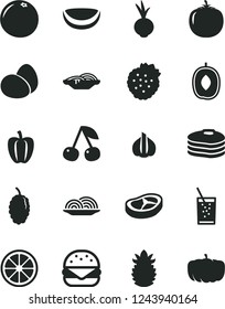 Solid Black Vector Icon Set - eggs vector, big burger, onion, slices of, bacon, beet, a glass soda, strawberries, pancakes, cherry, mulberry, delicious plum, juicy lemon, piece coconut, grapefruit