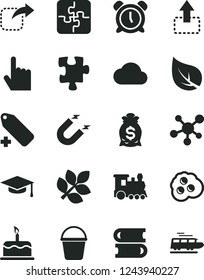 Solid Black Vector Icon Set - alarm clock vector, add label, Puzzle, Puzzles, books, bucket, index finger, cake, move up, right, omelette, leaf, magnet, cloud, molecule, graduate hat, biology, train