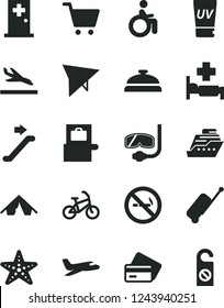 Solid Black Vector Icon Set - plane vector, hang glider, bike, escalator, baggage scanner, rolling case, arrival, credit card, tent, uv cream, hospital bed, medical room, starfish, diving mask, cart
