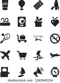 Solid Black Vector Icon Set - plane vector, air balloon, backpacker, passenger, baggage scanner, passort control, passport, beach, uv cream, pool, tennis, cart, no smoking sign, loudspeaker, compass