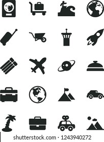 Solid Black Vector Icon Set - sign of the planet vector, briefcase, motor vehicle present, building trolley, suitcase, retro car, rocket, saturn, mountain flag, earth, airport tower, passport, plane