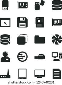 Solid Black Vector Icon Set - floppy disk vector, folder, screen, big data, operator, copy, computer, tablet pc, fan, motherboard, card, router, usb flash, network, browser, lan connector, file