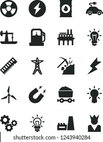 Solid Black Vector Icon Set - lightning vector, oil derrick, coal mining, gas station, windmill, power line, thermal plant, industrial enterprise, radiation hazard, electric car, trolley with, gears