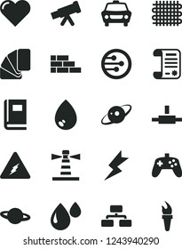 Solid Black Vector Icon Set - brick wall vector, sample of colour, lightning, heart, drop, car, flowchart, planet, weaving, lighthouse, research article, network, connect, joystick, telescope, book