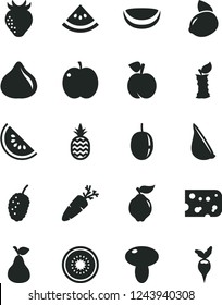 Solid Black Vector Icon Set - piece of cheese vector, mushroom, garlic, carrot, a pineapple, pear, peach, apple, quince, strawberry, fig, tasty mulberry, slice water melon, passion fruit, half kiwi